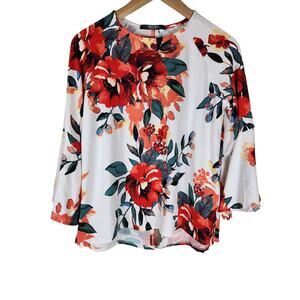 COIN 1804 Women's Red White Floral Bell Sleeve Button Up Back Boho Hippie SZ M